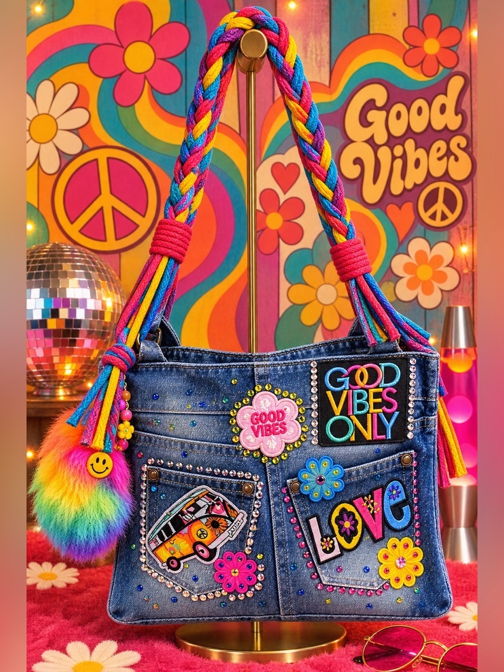 OOAK Groovy Girl Hand Embellished Denim Bag Rhinestone Hippie Boho Purse